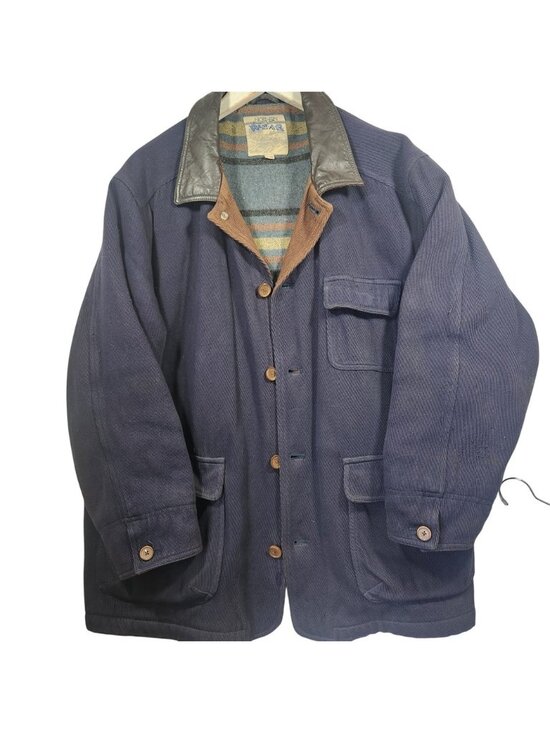 Northern Spirit Wear Other - The Bay 1960s Cotton Wool Mens‎ XL Barn Coat Navy Leather Collar Blanket Lined